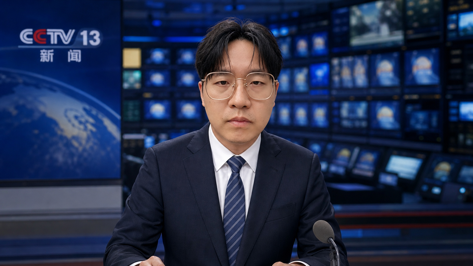 参照人物形象，保持人物的一致性，将他换成中央电视台新闻主播的形象，真实自然