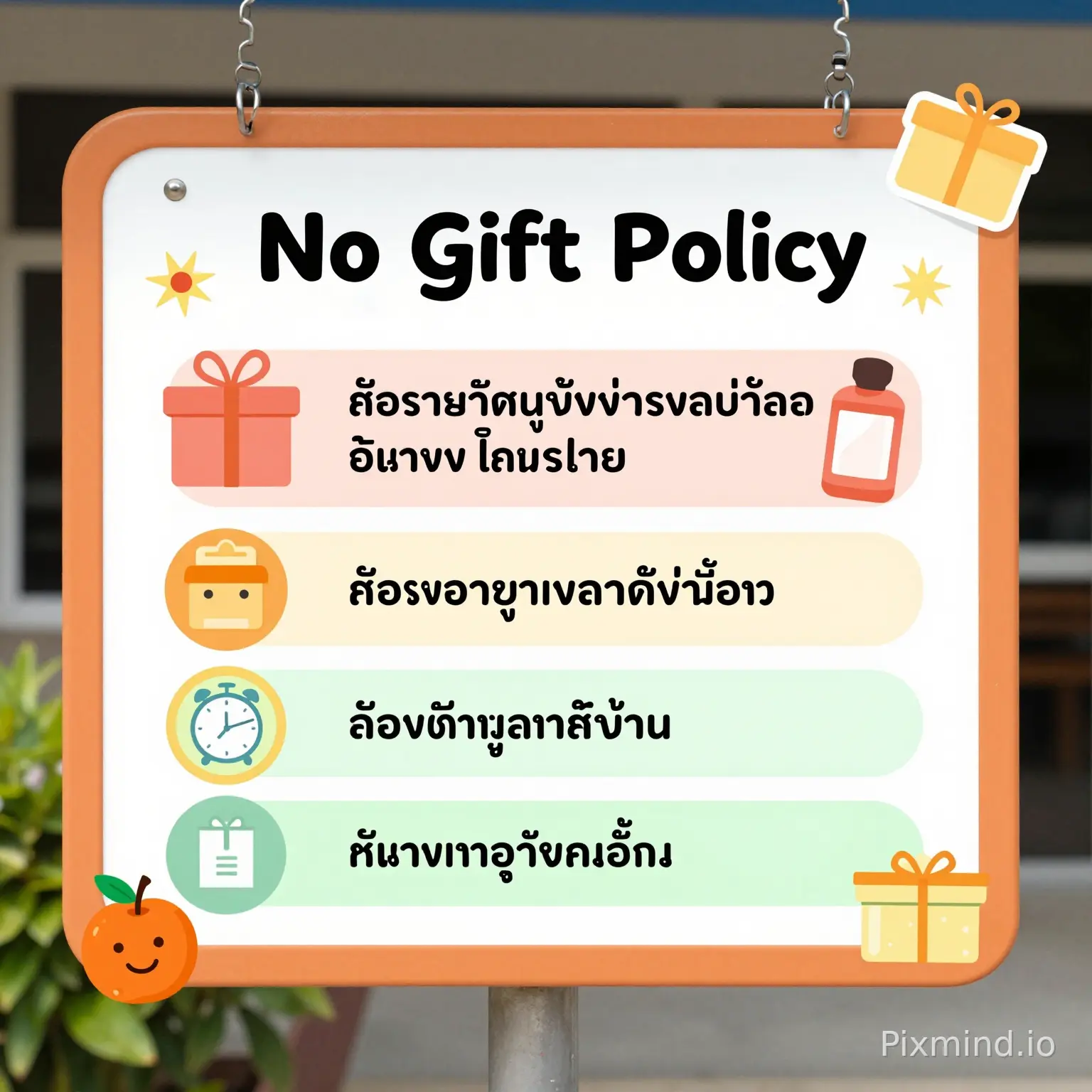 ทำรูป no gift policy ให้ หน่อย จะเอาไปติดทางเข้าเทศบาล เอาแบบมีภาษาไทยด้วย การ์ตูน น่ารักๆ ขอความละเอียดสูงๆหน่อย