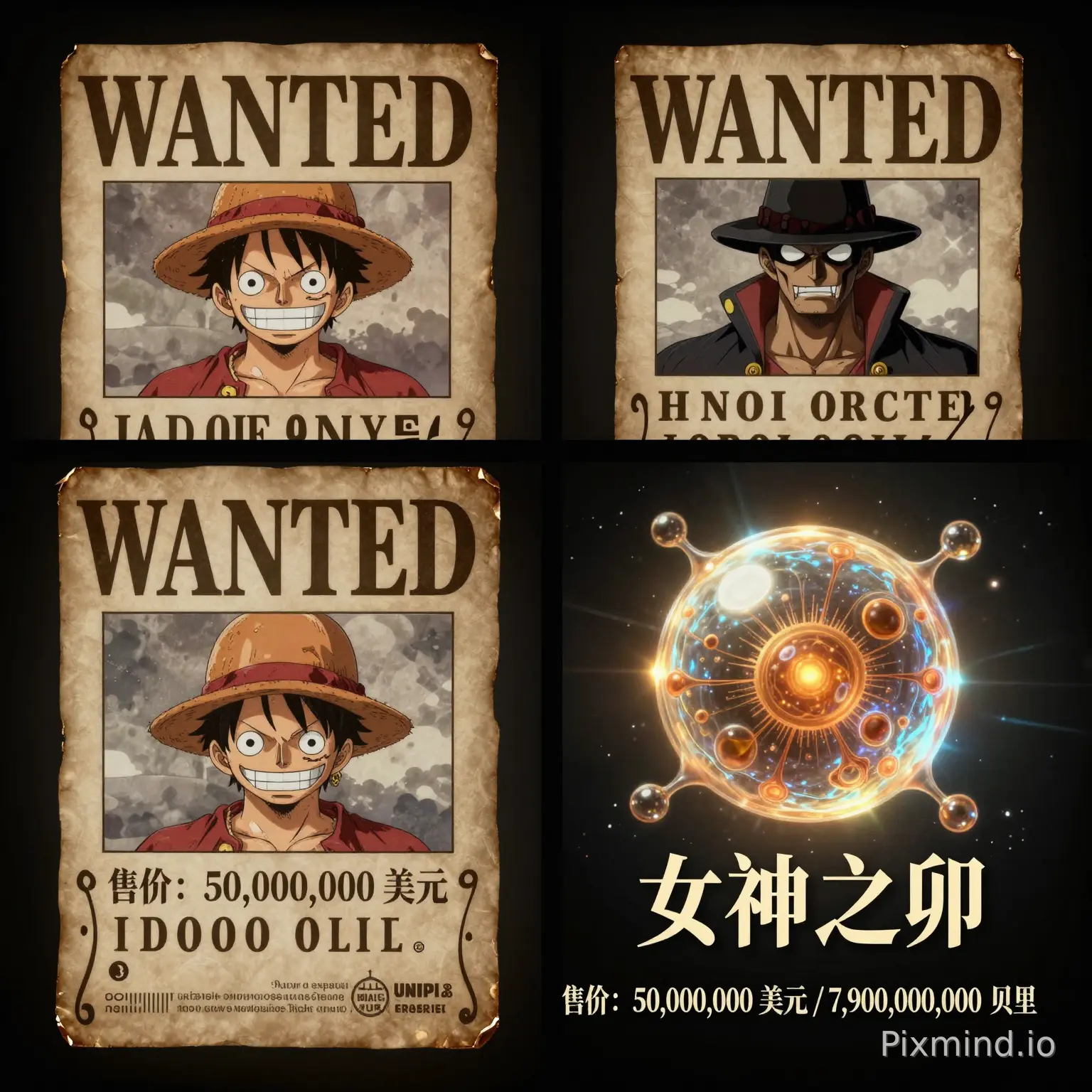 完美的田字格（2x2网格）四分构图，极简主义的黑色分割线，呈现出一种严谨的对比美学。 左上、右上、左下三个区域分别贴着《航海王》中路飞、香克斯、黑胡子的经典悬赏令。悬赏令呈现出逼真的复古羊皮纸质感，边缘有轻微的磨损与焦灼痕迹，印有标志性的黑色“WA…
