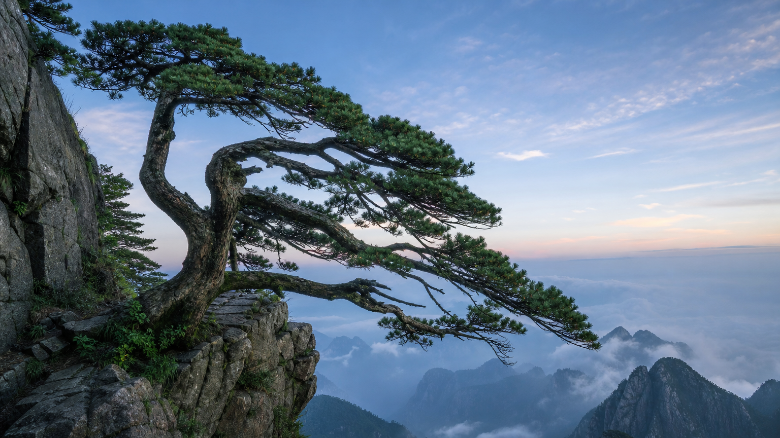 生成一棵古老大树，长在悬崖峭壁上，东风美学构图和色彩 真实自然，不要出现字