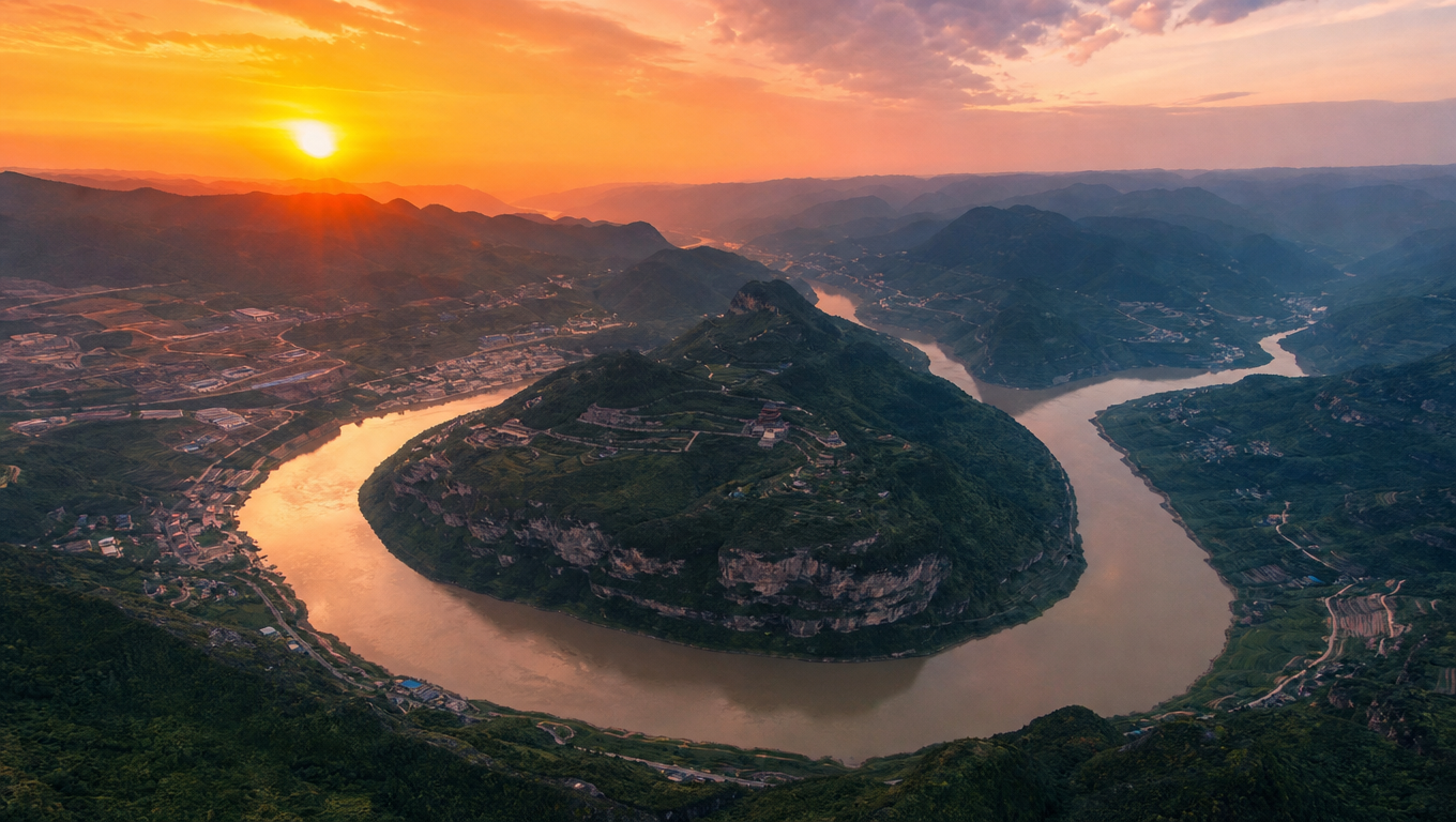 生成赤水河的大景色，航拍图，夕阳西下 东风美学，真实好看