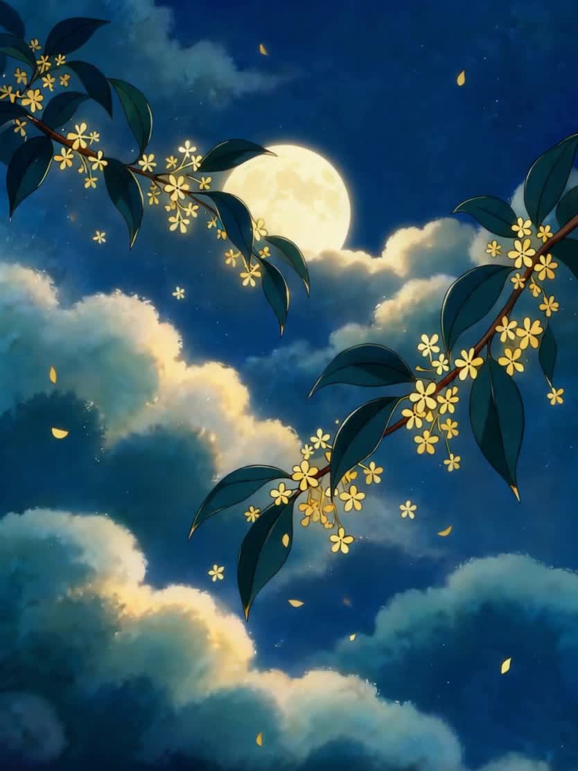 月亮慢慢升起，花朵摇曳