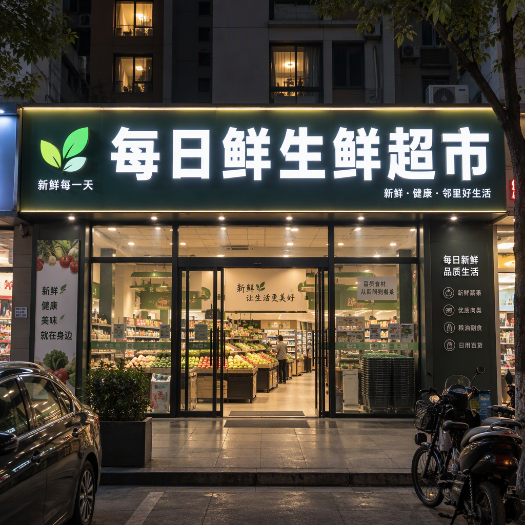 1:1 正面平视真实商业门头效果图，夜间社区底商场景，门头安装白色亚克力发光字，招牌文字为 “每日鲜生鲜超市”，亚克力面板均匀高亮，金属窄边包边，搭配铝塑板门头底板，玻璃门窗透出室内暖光，街道环境自然，招牌结构清晰，真实广告工程安装实景，摄影级质感…