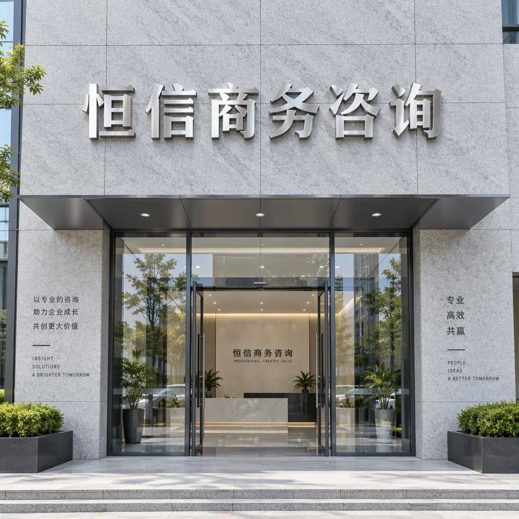1:1 正面平视办公楼入口效果图，白天自然光场景，企业入口墙面安装拉丝不锈钢立体字，文字为 “恒信商务咨询”，金属质感真实，冷银色反光，立体厚度清晰，搭配浅灰色石材墙面，环境整洁商务，真实标识工程安装实景，自然光线质感