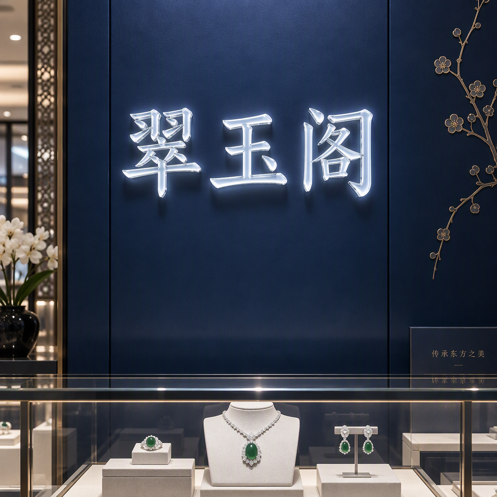 室内商场专柜正面特写实景，1:1构图。高级珠宝品牌专柜背墙，标识为斜边迷你亚克力发光字，清晰呈现精巧中文字样“翠玉阁”。整体由整块特级高分子亚克力精密雕刻制成，正面与斜面侧边通体透射出纯净冷白光，小巧无缝无金属边框，做工极度细腻通透。安装在深海蓝哑…