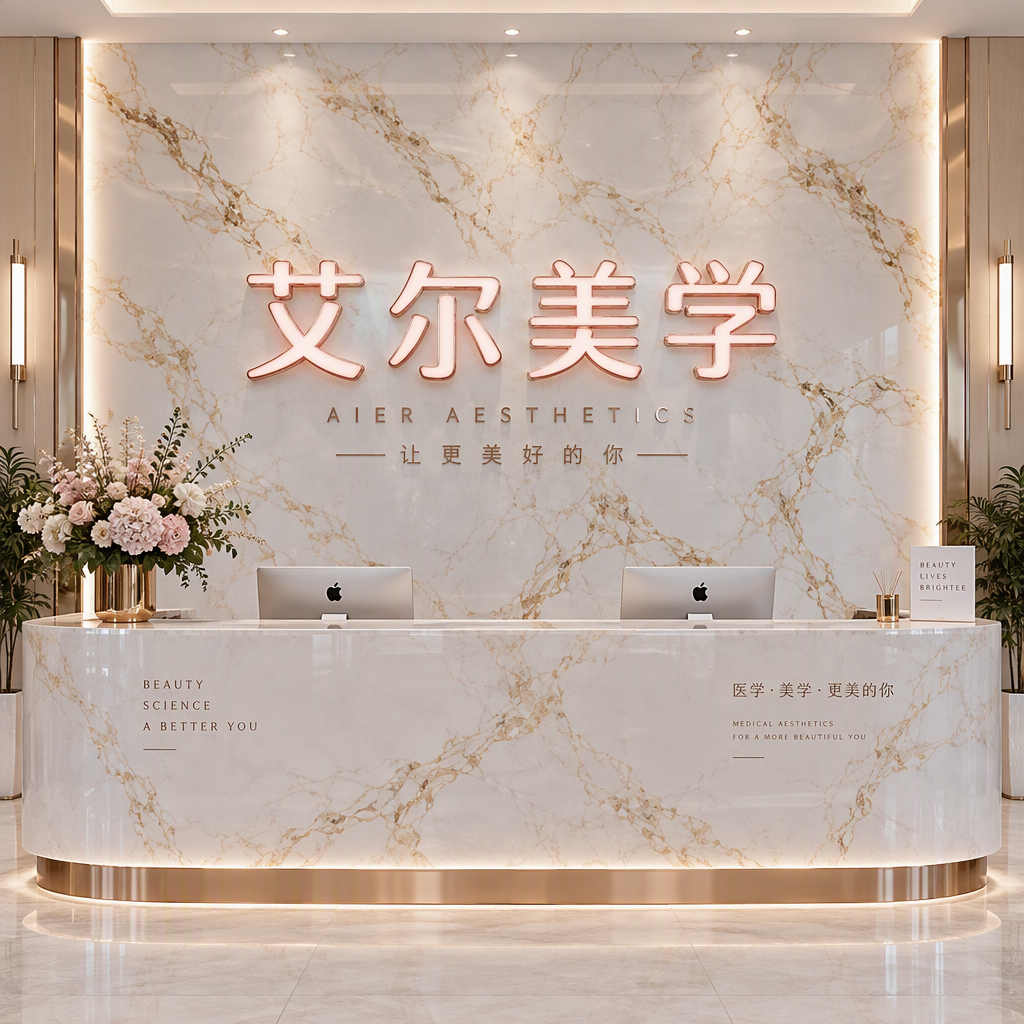 医疗美学机构前台正面平视实拍，1:1正方形。高端医美前台背景墙，标识为精品环氧树脂发光字“艾尔美学”。字面为高分子液态环氧树脂浇筑，微弧饱满晶莹剔透如羊脂玉，内部高导光板让柔和浅粉暖白光极其均匀散发，无任何颗粒斑点，精致电镀玫瑰金金属围边。背景为白…