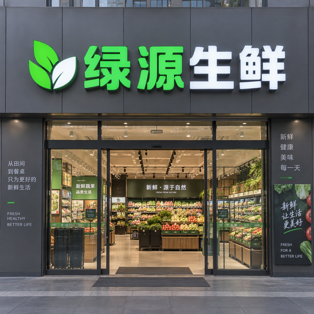 商业立面实景正面平视摄影，1:1方形比例。现代精品生鲜超市门头招牌，正中为标准LED立体发光字，中文文字清晰准确无误“绿源生鲜”。字体为端正粗黑体，正面面板为鲜亮翠绿与纯白亚克力，内置大功率LED发光模组，高亮度均匀透光无暗斑阴影，侧边为深灰色防锈…