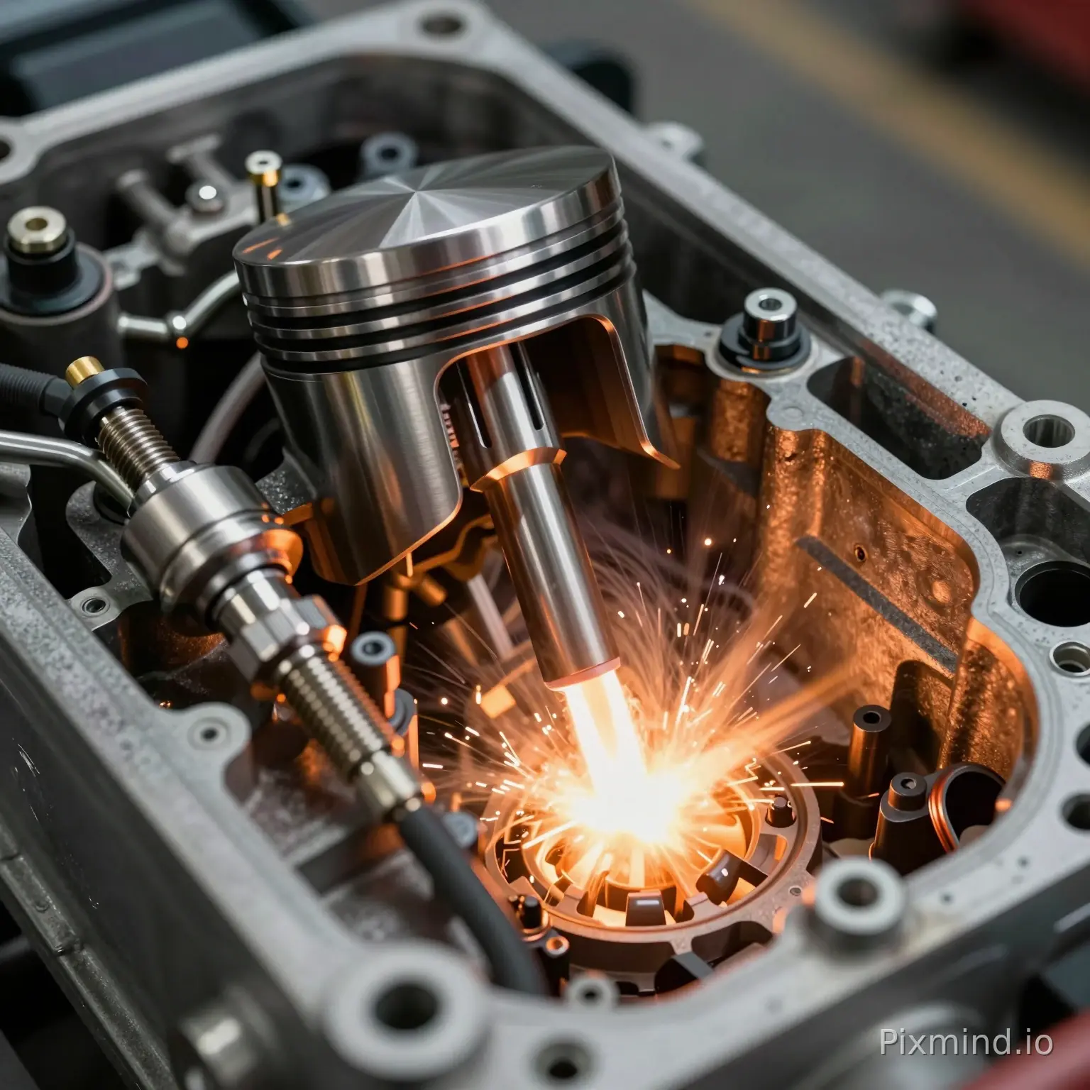 【No. 1 | Duration: 7s】 Shot Type: Close-up Scene: Engine Cutaway Chamber Camera: Static close-up macro shot focusing on the…