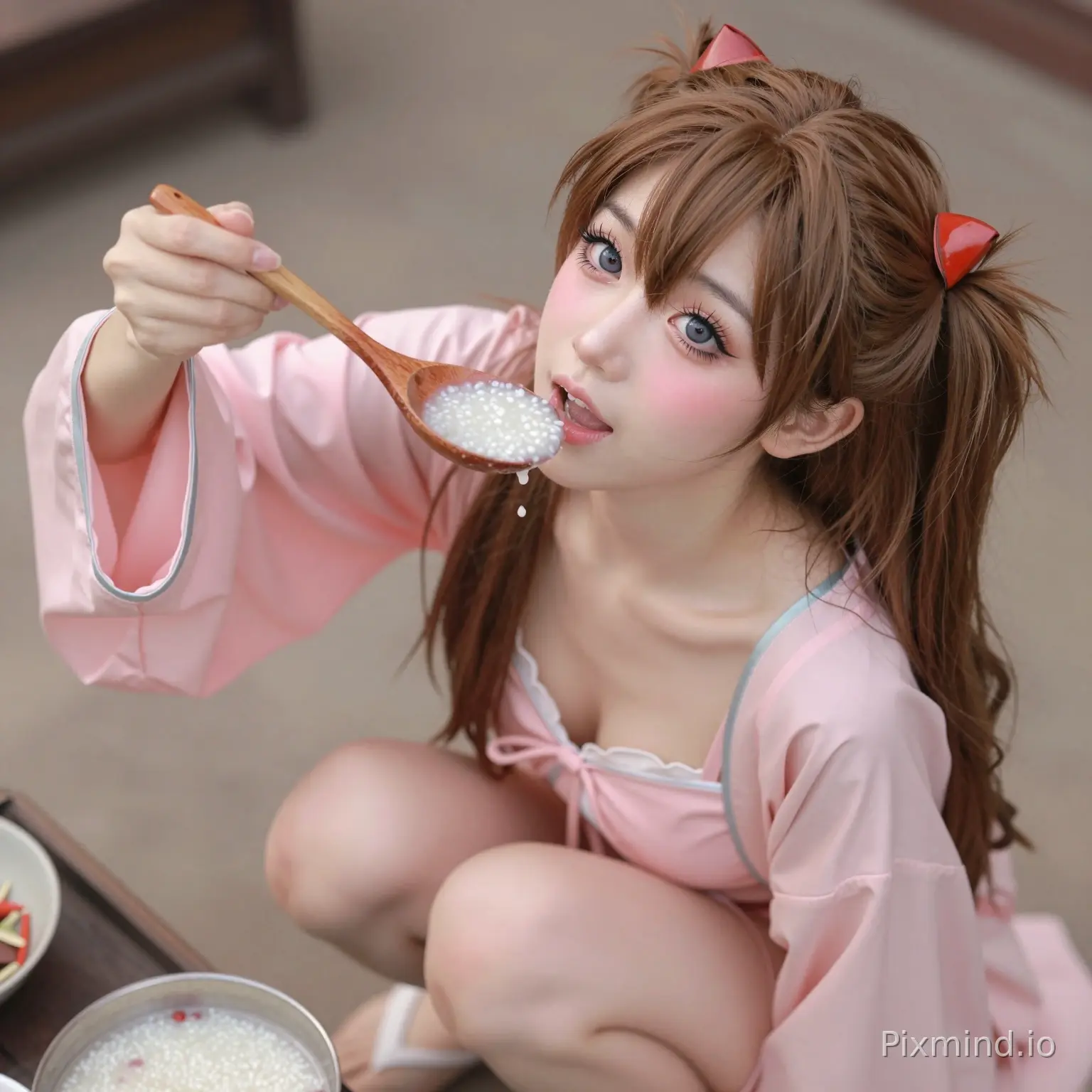 高处俯拍，古风，施粥场，极简，高级感，低角度仰拍，粉色主题，性感的明日香真人版，身穿经典 比较欲的睡衣，面容娇俏，妆容精致，睫毛浓密卷翘，细黑眼线，动人眼影，淡淡腮红，蹲姿抬头嗷嗷待哺。我右手持一木勺白粥，缓缓倾倒至她口中。略尽微薄之力，稍解贫民之…