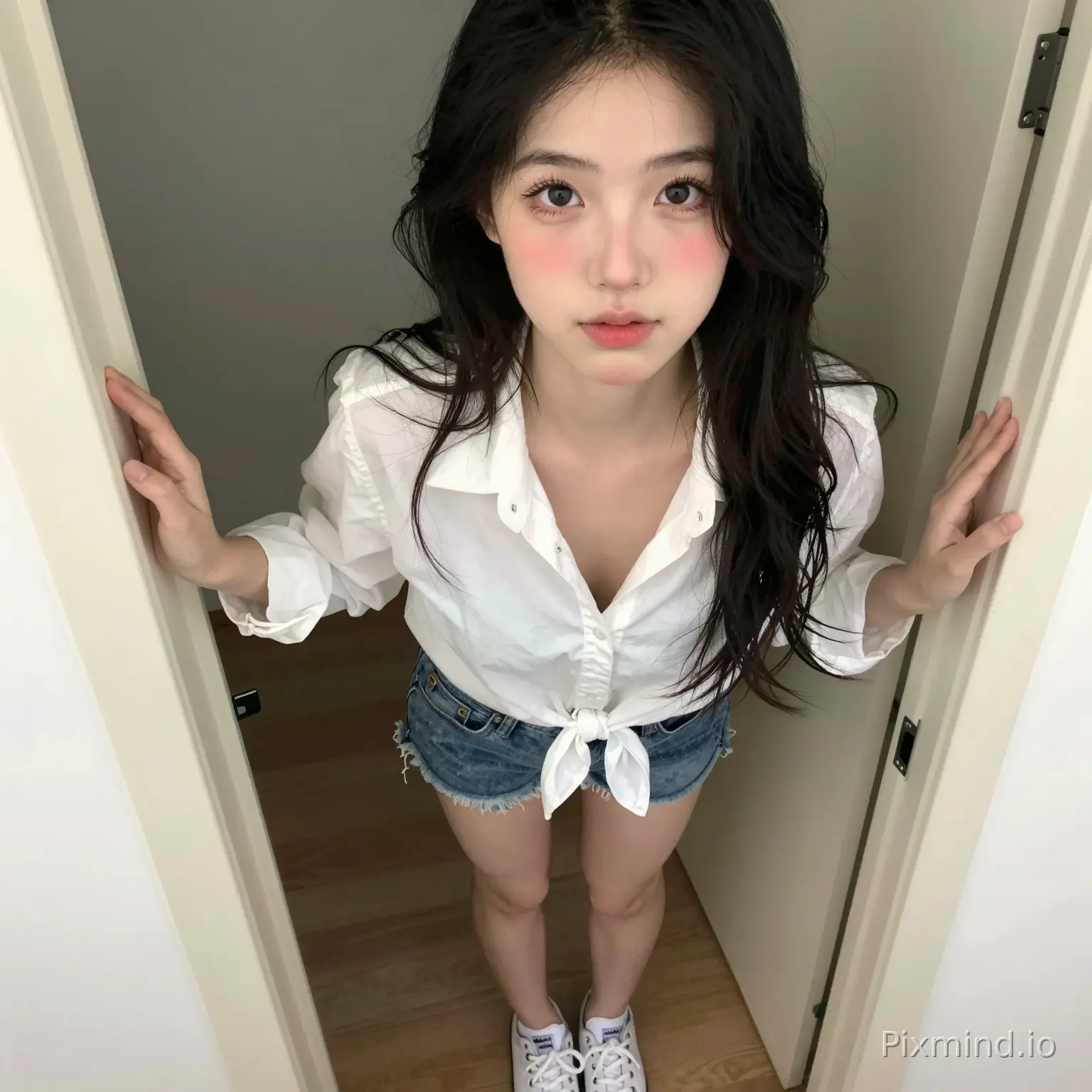 站在那里，一只手搭在门框上，另一只手垂在身侧。头发是长的，黑色的，散在肩膀上，发梢微微卷曲。穿着一件白色衬衫，衬衫下摆系在腰间，露出腰腹的一截皮肤。下面是一条牛仔短裤，裤腿磨白，腿很长，脚上穿着一双白色帆布鞋，鞋带系得整整齐齐。脸很年轻，皮肤白，眼…