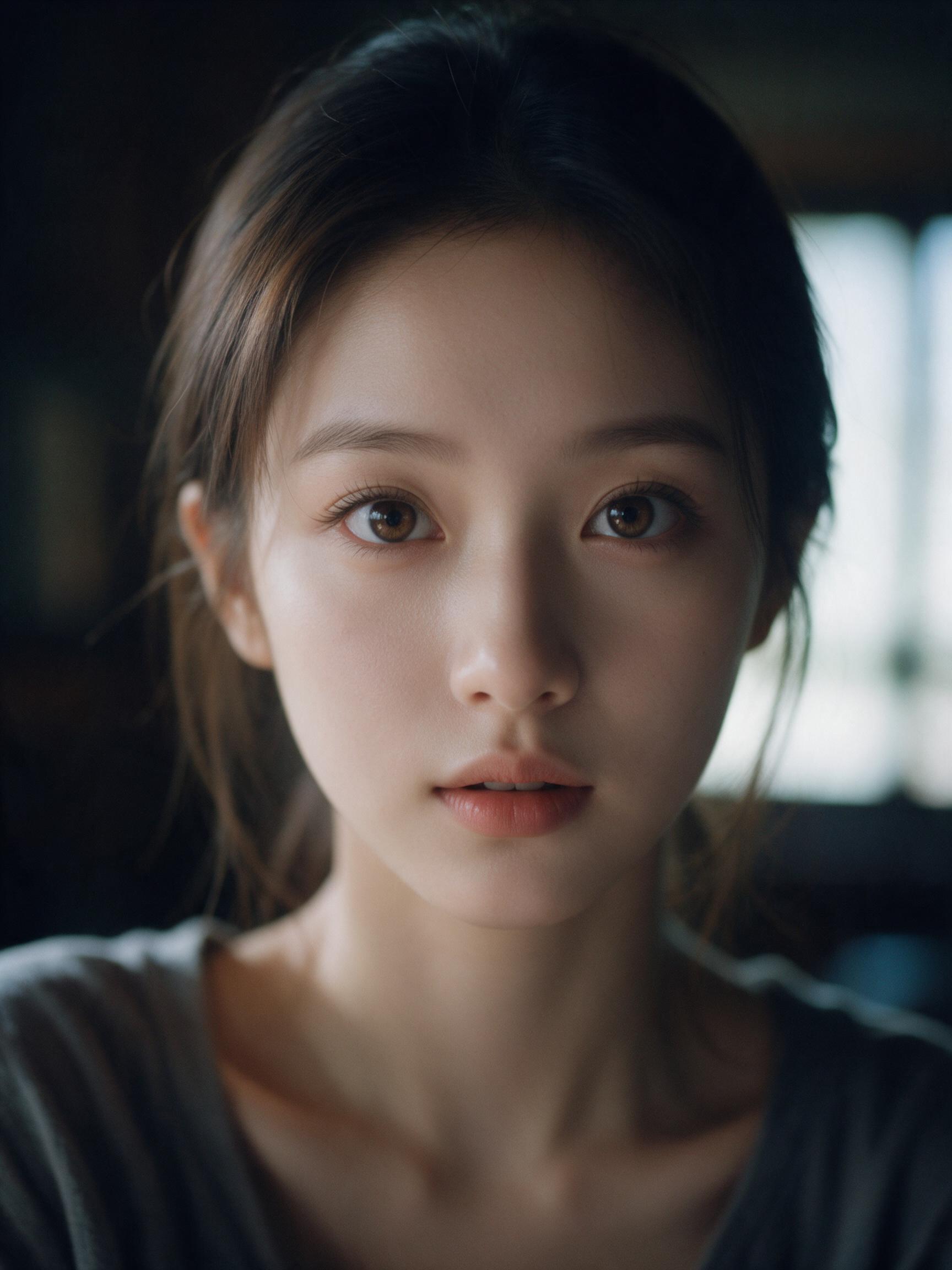 写实人像摄影，8K 超高清，单反相机拍摄，50mm f1.8 大光圈，柔和侧逆光，暗调室内环境，年轻东亚女生，精致鹅蛋脸型，细腻自然皮肤质感，轻微皮肤肌理，通透的浅棕色大眼睛，眼型修长，长睫毛，淡淡的自然唇色，嘴唇微张，柔和面部光影，视线望向画面正…