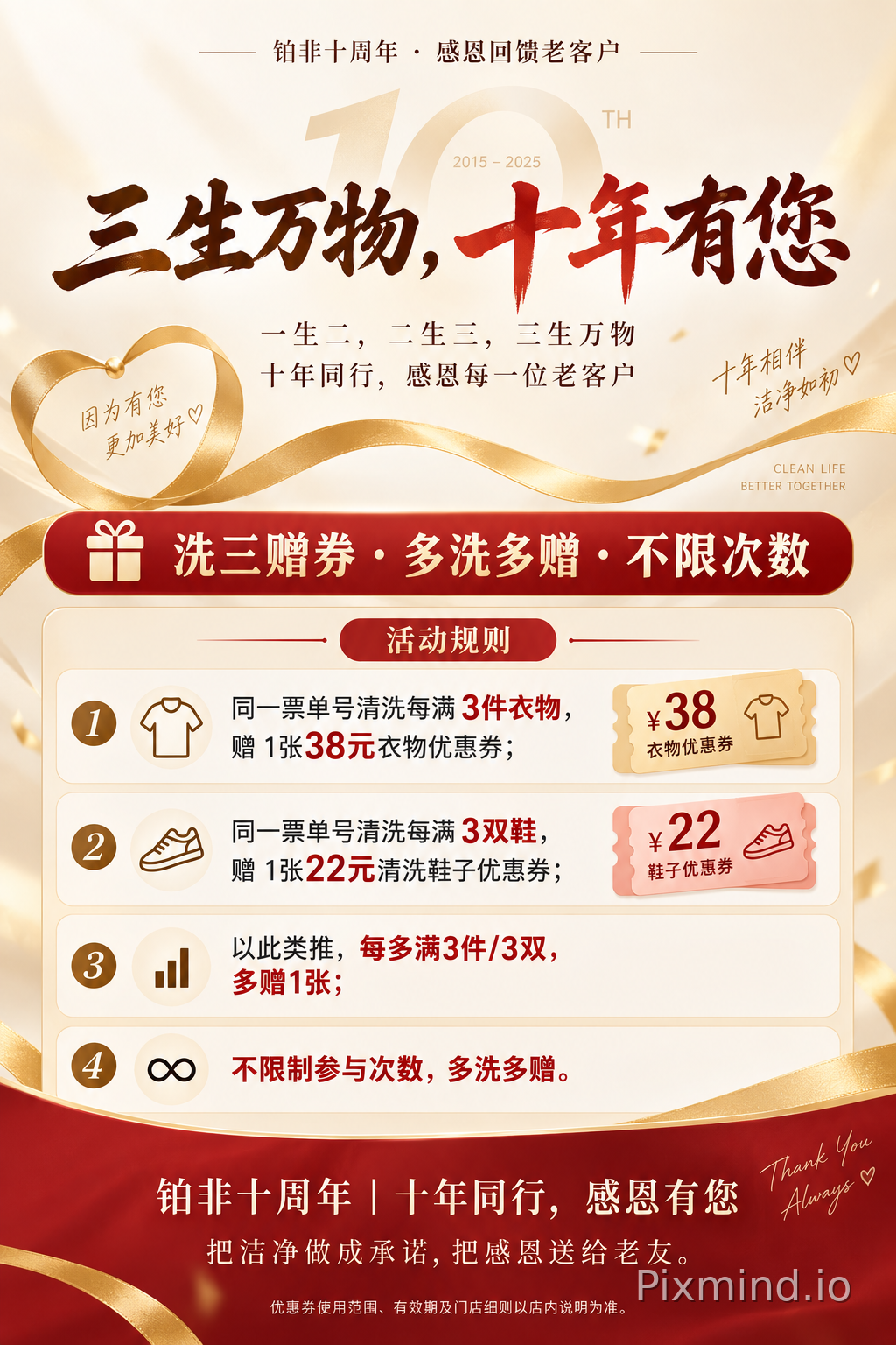 海报完整文案排版 【顶部小字】 铂非十周年 · 感恩回馈老客户 【主标题】 三生万物，十年有您 【副标题】 一生二，二生三，三生万物 十年同行，感恩每一位老客户 【核心利益点】 洗三赠券 · 多洗多赠 · 不限次数 【活动规则】 同一票单号清洗每满…