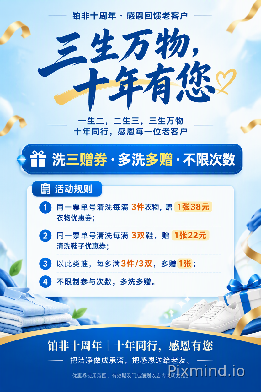 海报完整文案排版 【顶部小字】 铂非十周年 · 感恩回馈老客户 【主标题】 三生万物，十年有您 【副标题】 一生二，二生三，三生万物 十年同行，感恩每一位老客户 【核心利益点】 洗三赠券 · 多洗多赠 · 不限次数 【活动规则】 同一票单号清洗每满…