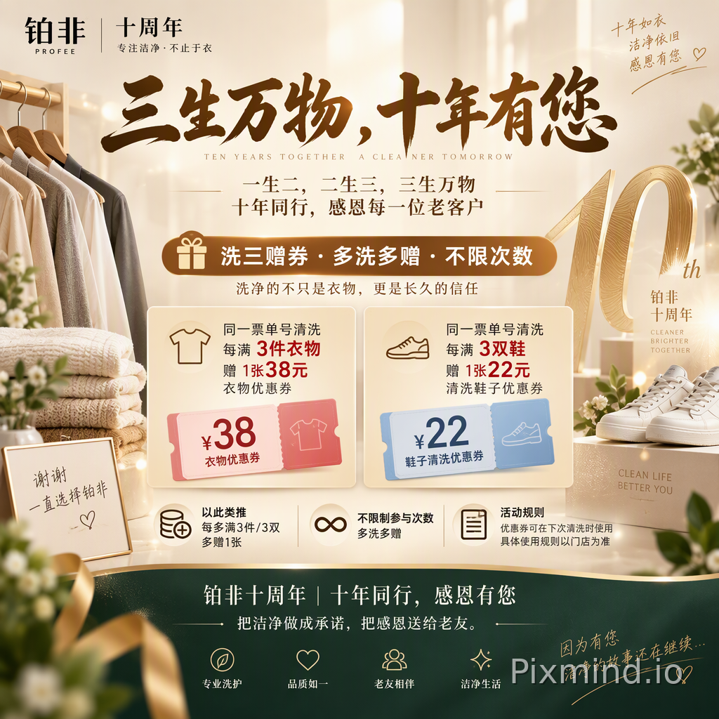 铂非十周年 · 感恩回馈老客户 【主标题】 三生万物，十年有您 【副标题】 一生二，二生三，三生万物 十年同行，感恩每一位老客户 【核心利益点】 洗三赠券 · 多洗多赠 · 不限次数 【活动规则】 同一票单号清洗每满 3件衣物，赠 1张38元衣物优…