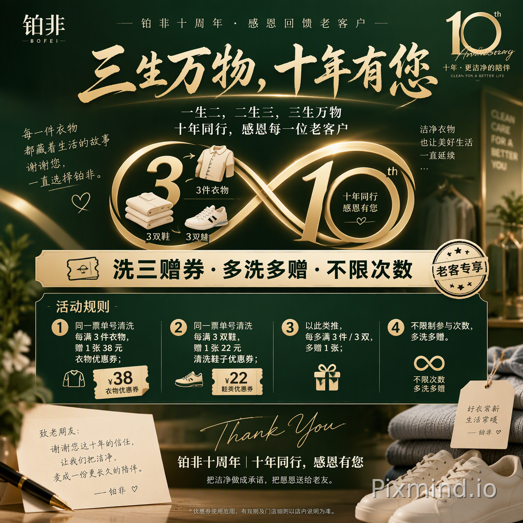 海报完整文案排版 【顶部小字】 铂非十周年 · 感恩回馈老客户 【主标题】 三生万物，十年有您 【副标题】 一生二，二生三，三生万物 十年同行，感恩每一位老客户 【核心利益点】 洗三赠券 · 多洗多赠 · 不限次数 【活动规则】 同一票单号清洗每满…