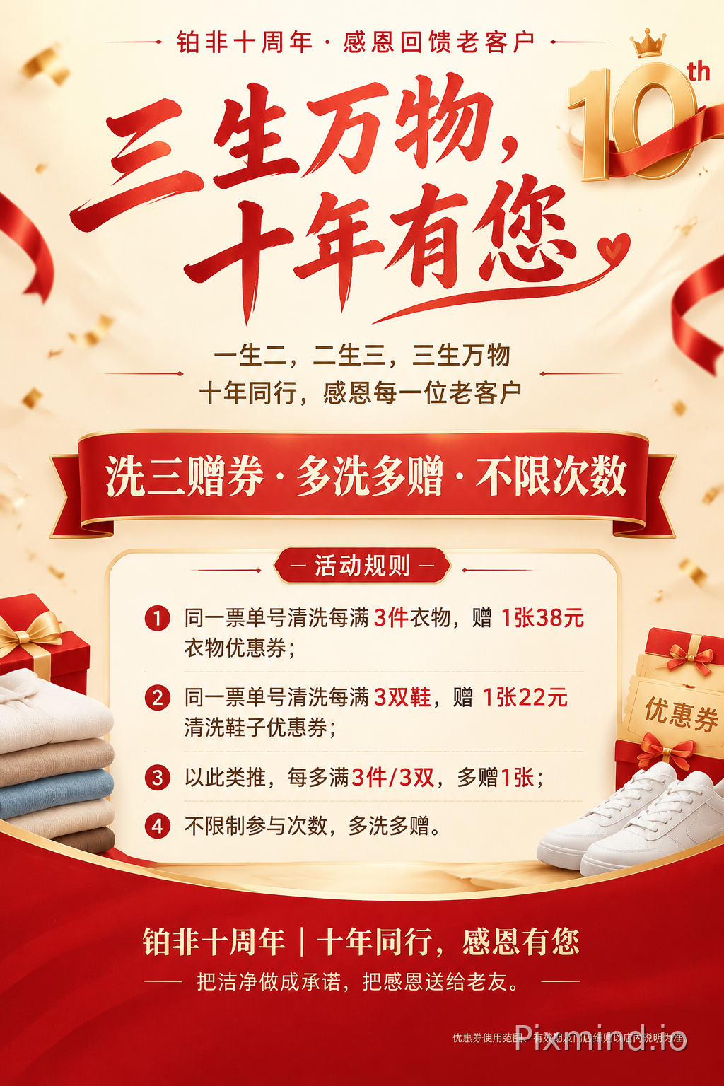 海报完整文案排版 【顶部小字】 铂非十周年 · 感恩回馈老客户 【主标题】 三生万物，十年有您 【副标题】 一生二，二生三，三生万物 十年同行，感恩每一位老客户 【核心利益点】 洗三赠券 · 多洗多赠 · 不限次数 【活动规则】 同一票单号清洗每满…