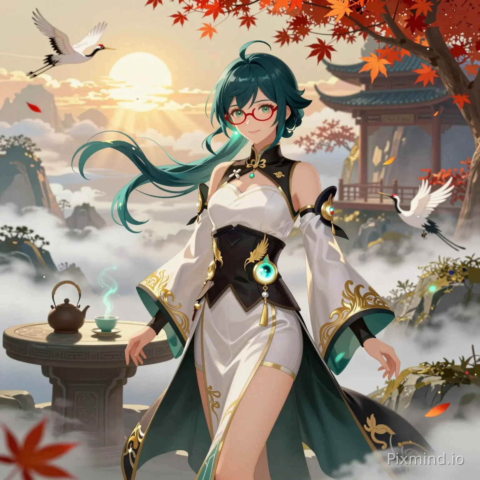 游戏《原神》中的角色闲云（留云借风真君）。她身着一袭优雅的黑白双色改良款新中式旗袍，衣襟与袖口装饰着精致的金色仙鹤羽毛刺绣，腰间佩戴着散发微光的风元素神之眼。她戴着标志性的红框眼镜，一头深青色的长发高高挽起，几缕发丝在风中轻盈飘动，眼神清冷而睿智，…