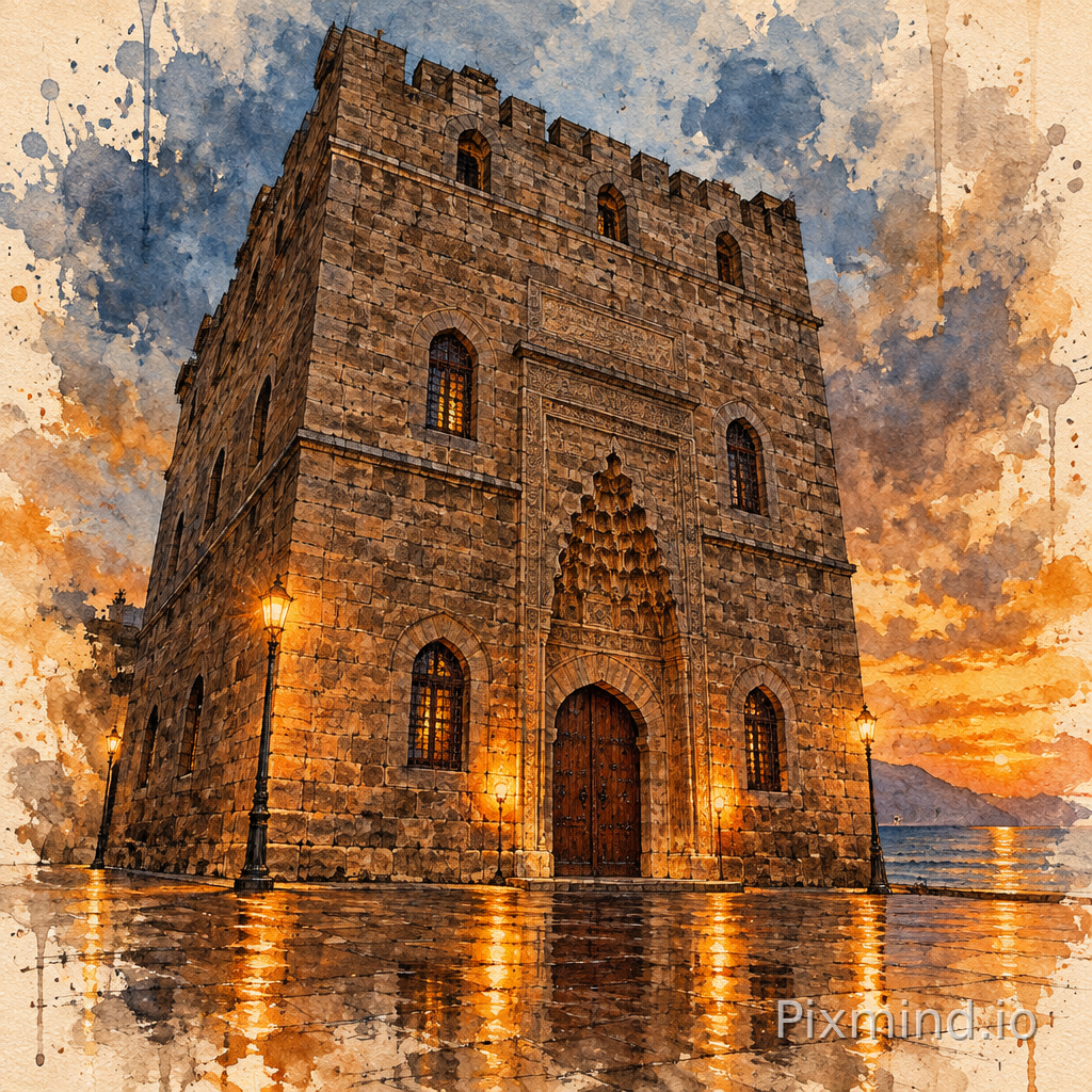 A detailed, artistic digital watercolor and ink sketch of the Alanya Şarapsa Hanı. The unique stonework of the historic buil…