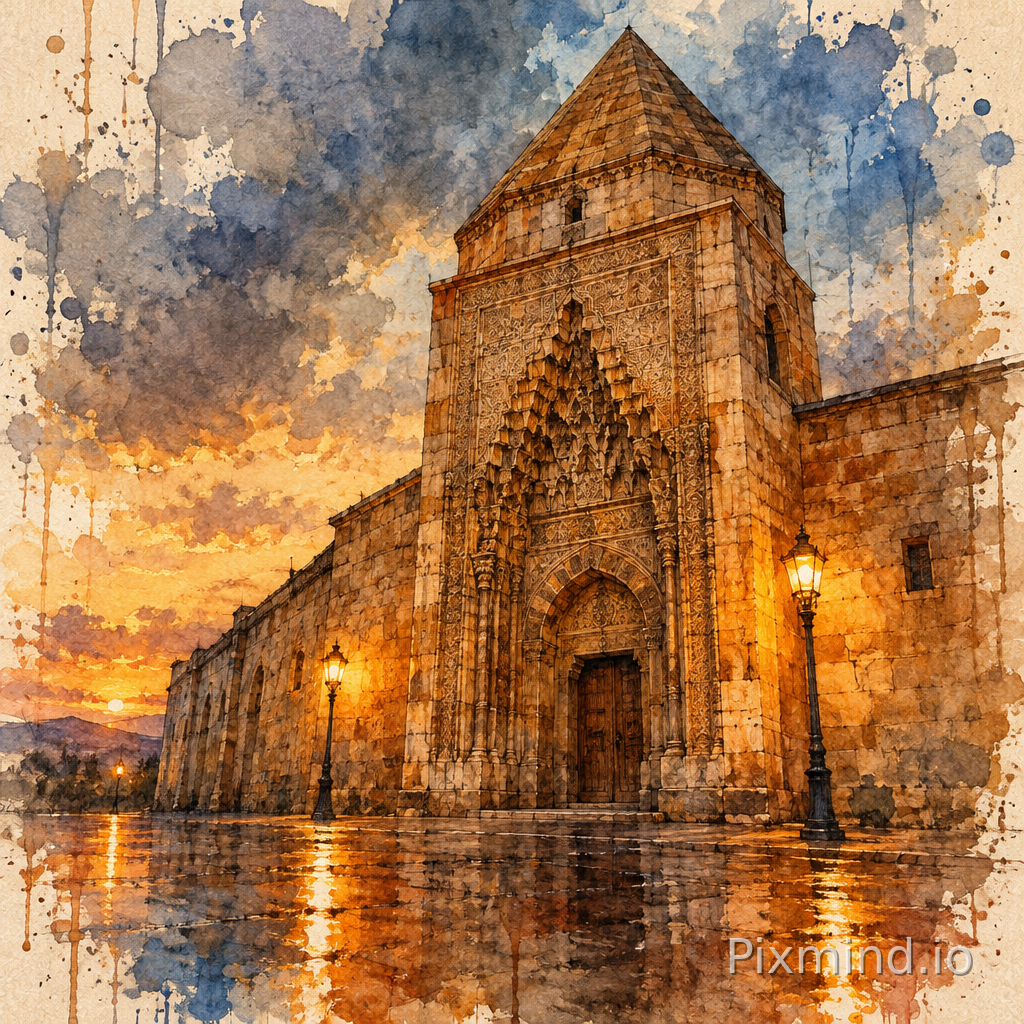A detailed, artistic digital watercolor and ink sketch of the Nevşehir Sarıhan Kervansarayı. The unique stonework of the his…
