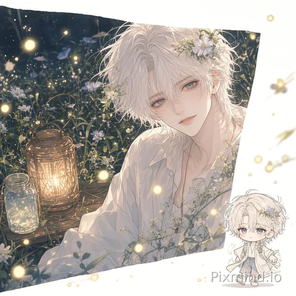 一幅线条漫画风的动漫插画，画面为全身构图而非半身特写，倾斜平视角度，略带夸张微俯透视，一位守林少年完整站立在夏夜森林氛围中，白金色蓬松齐肩发搭配野花编发，浅蓝色柔和眼瞳，神情温柔恬静，气质软萌治愈又带着自然生灵的灵气，穿棉麻衣服，佩戴野花发饰，身旁…