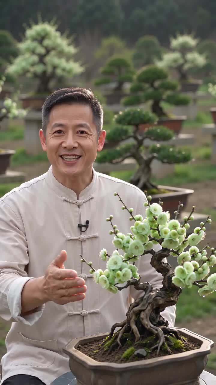 苗圃户外日间自然光，园艺师傅面向镜头娓娓介绍，手指展示盆景苍劲老干、细密花苞。大片苗圃背景，多盆造型绿梅错落摆放，青苔附根，古朴盆器，国风盆景意境。运镜：固定机位 + 缓慢环绕特写，先拍人物讲解，再切特写花苞枝干，高清实拍质感，真实泥土、苗木原生感…
