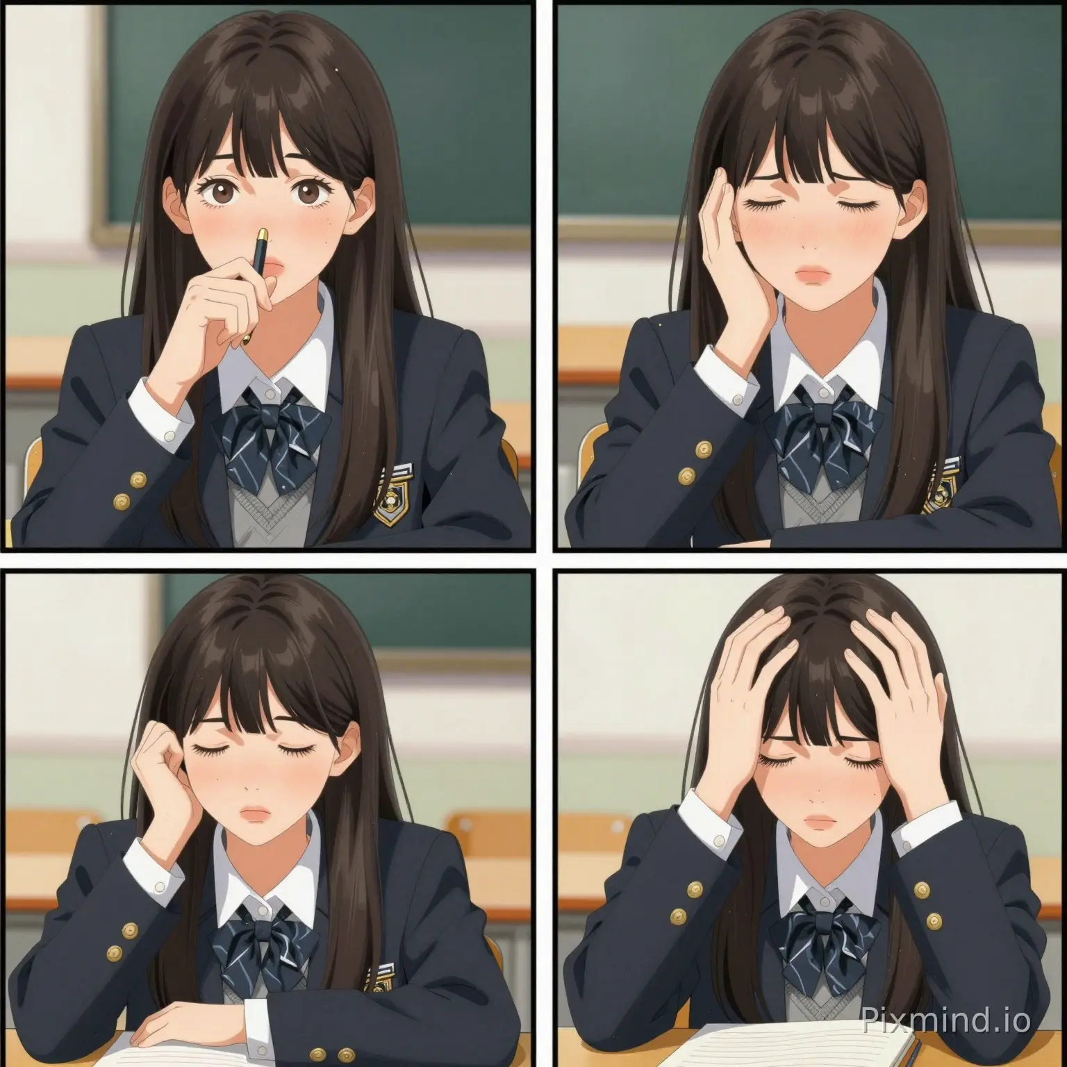 help me create a college girl in modern manhwa style with expressions like she is getting board in a class so she is holding…
