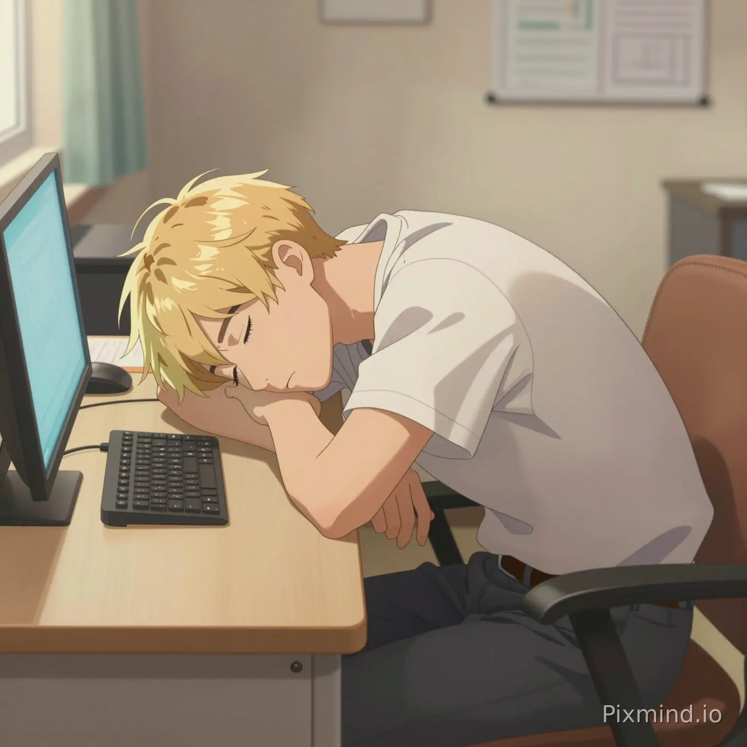 in the same art style like the last one make a guy with blond hair who is sleeping in his desk from the side view