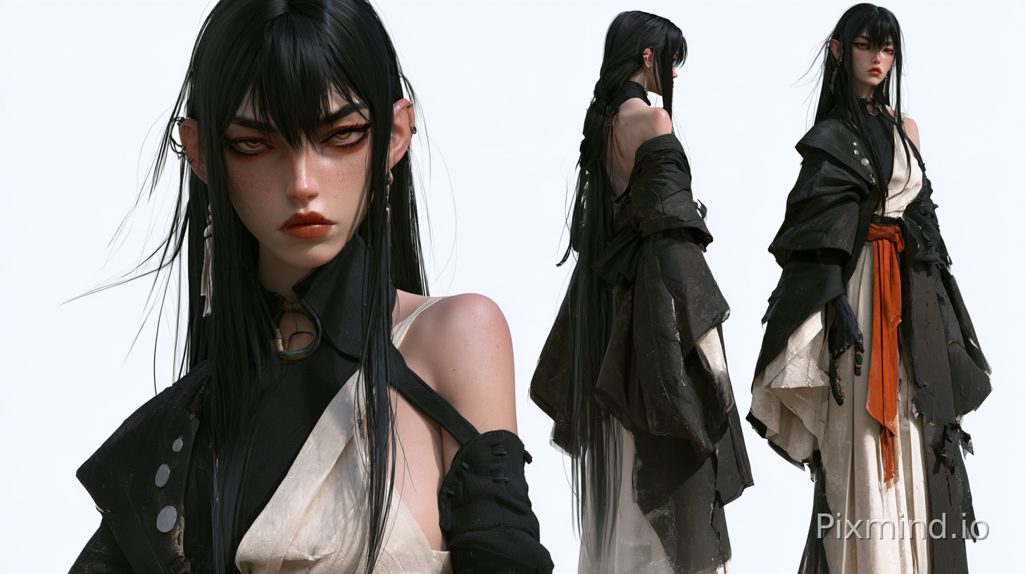 Arcane style animation, delicate and realistic style 一位日式西幻美丽的卓尔典狱长 Ultra-close facial close-up + full-body front and back v…