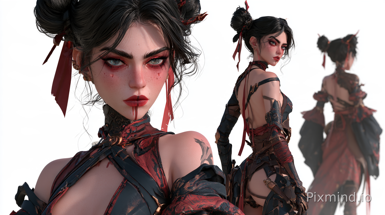 Arcane style animation, delicate and realistic style 一位日式西幻美丽的卓尔典狱长 Ultra-close facial close-up + full-body front and back v…