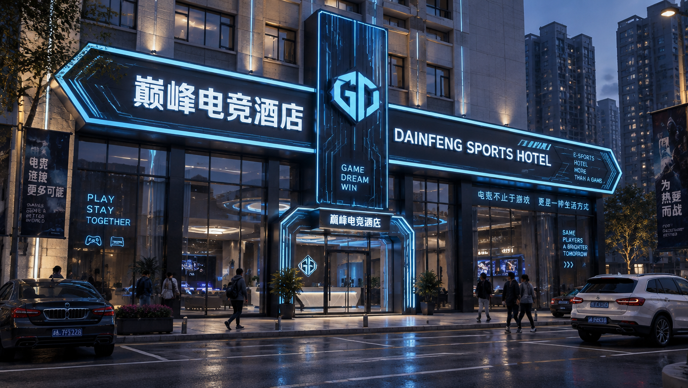 3D写实渲染，巅峰电竞酒店临街门头设计效果图，傍晚蓝调时刻城市街景，赛博科幻科技风，发光霓虹灯招牌，冰青色发光线条描边，深灰色招牌底色，电路板科技纹路装饰，主招牌为横向异形箭头造型，带中文"巅峰电竞酒店"和英文"DAINFENG SPORTS HO…