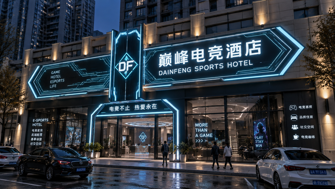 3D写实渲染，巅峰电竞酒店临街门头设计效果图，傍晚蓝调时刻城市街景，赛博科幻科技风，发光霓虹灯招牌，冰青色发光线条描边，深灰色招牌底色，电路板科技纹路装饰，主招牌为横向异形箭头造型，带中文"巅峰电竞酒店"和英文"DAINFENG SPORTS HO…