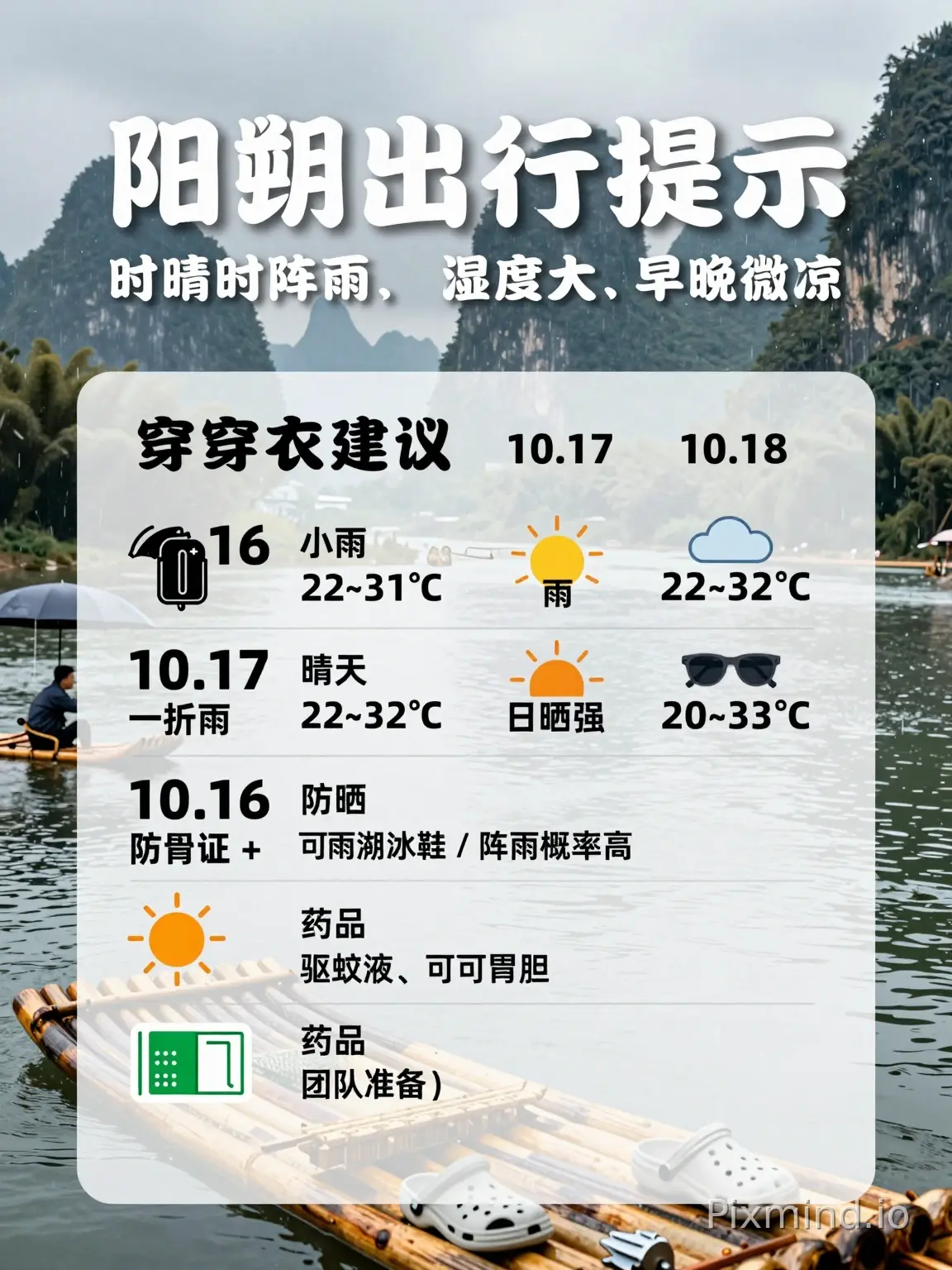 生成图片阳朔出行提示：天气概况：时晴时阵雨，湿度大，白天闷热，早晚微凉 ▪️10.16｜小雨 22~31℃ ▪️10.17｜晴天 22~32℃｜日晒强 ▪️10.18｜小雨 20~33℃｜阵雨概率高 👕【穿衣建议】 短袖为主；备薄防晒衣；运动鞋 +…