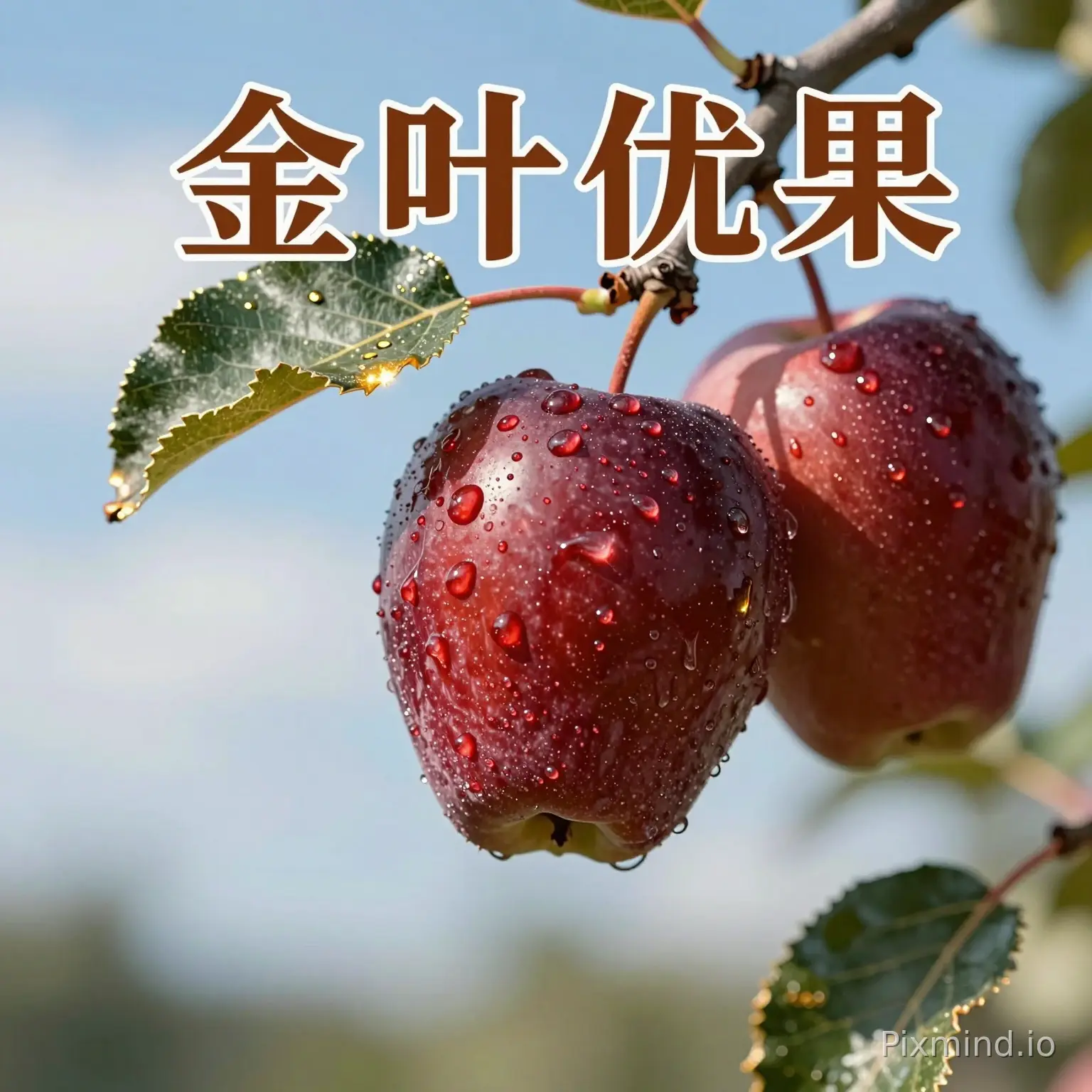 参考这种图片帮我生成一张花牛苹果的图片，果形要求修长一点参考蛇果，颜色深黑红色，果子上面稍微带点露水果子叶子生成金色锯齿状的叶子，名称金叶优果，字体好看一点，背景蓝天白云不要虚化背景，好看写实一点
